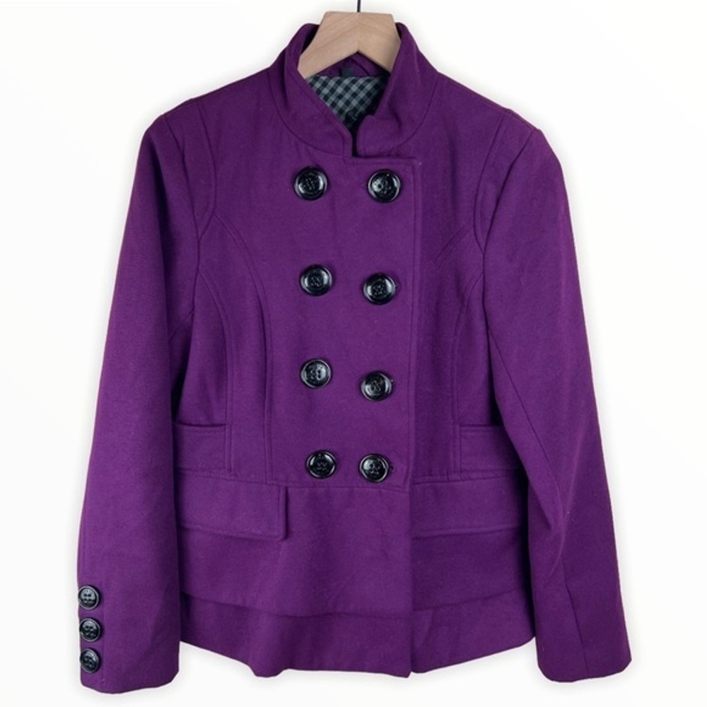 Steve Madden Women M Pea Coat Purple Double Breasted Stand Collar Peplum Jacket